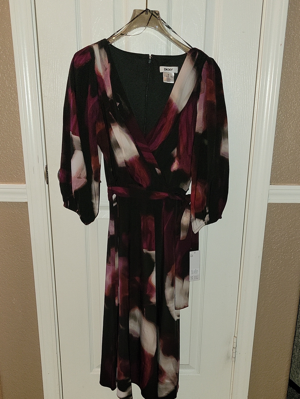 DKNY Black, Plum & Ivory Abstract Wrap-Style Midi Dress